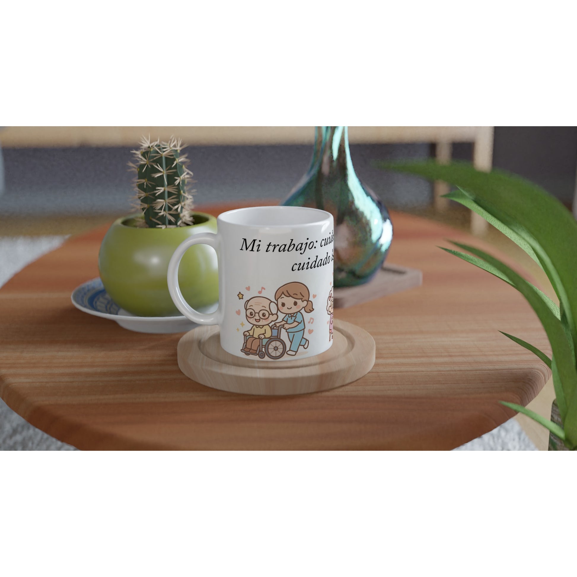 Taza TCAE con ilustración de abuelitos y frase emotiva, ideal para auxiliares y sociosanitarios.