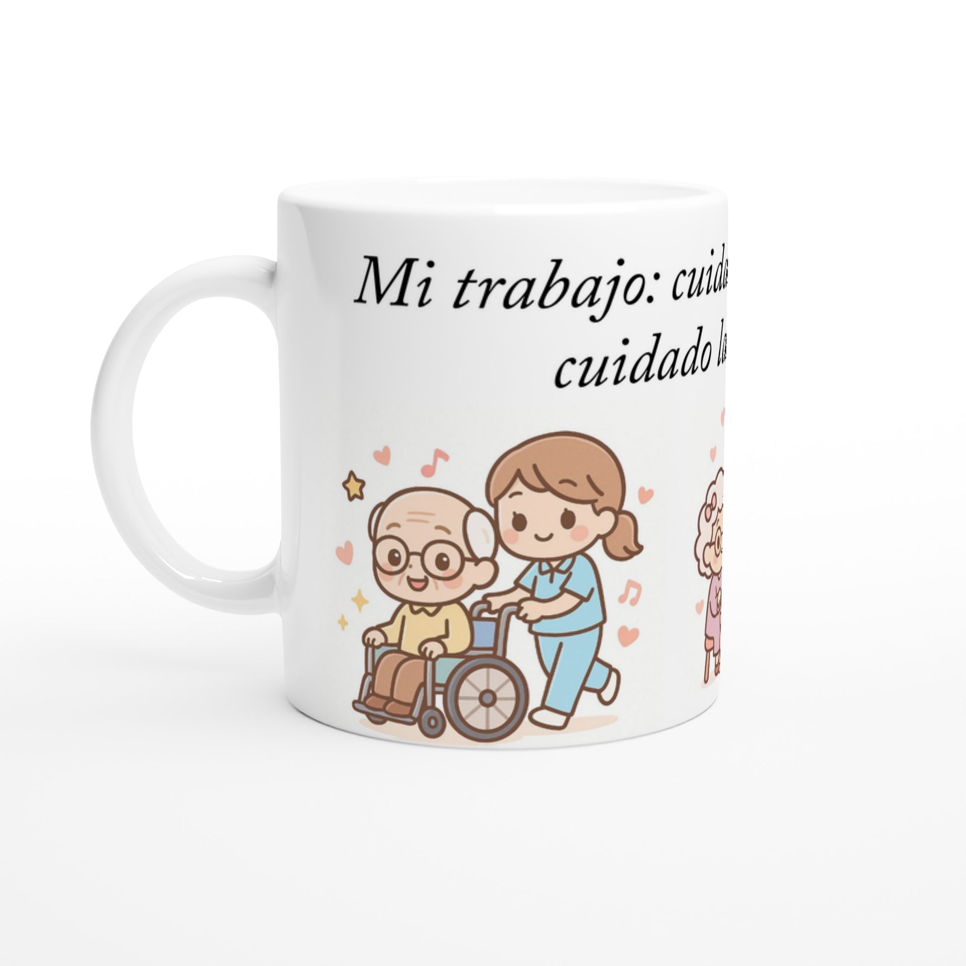 Taza TCAE con ilustración de abuelitos y frase emotiva, ideal para auxiliares y sociosanitarios.
