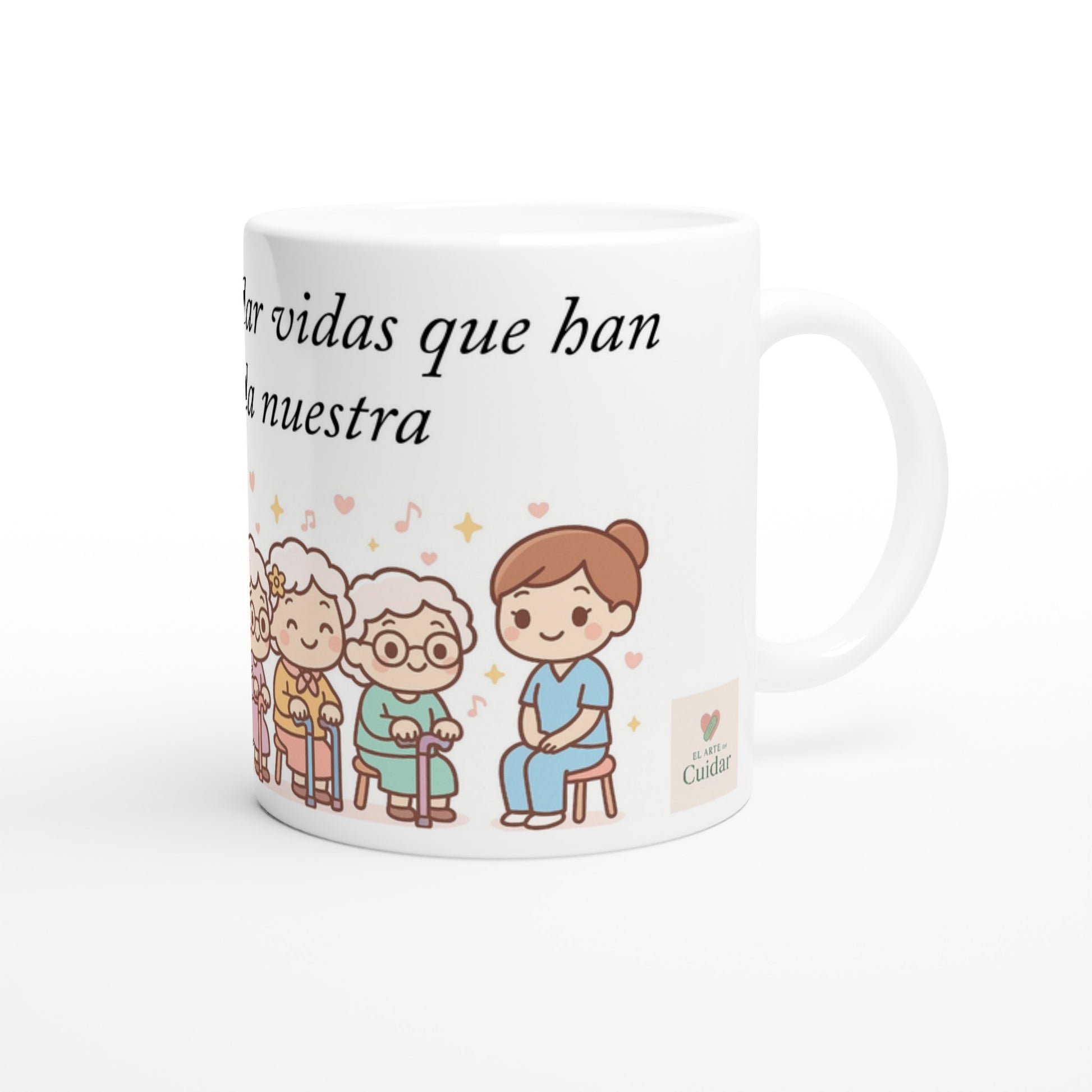 Taza TCAE con ilustración de abuelitos y frase emotiva, ideal para auxiliares y sociosanitarios.