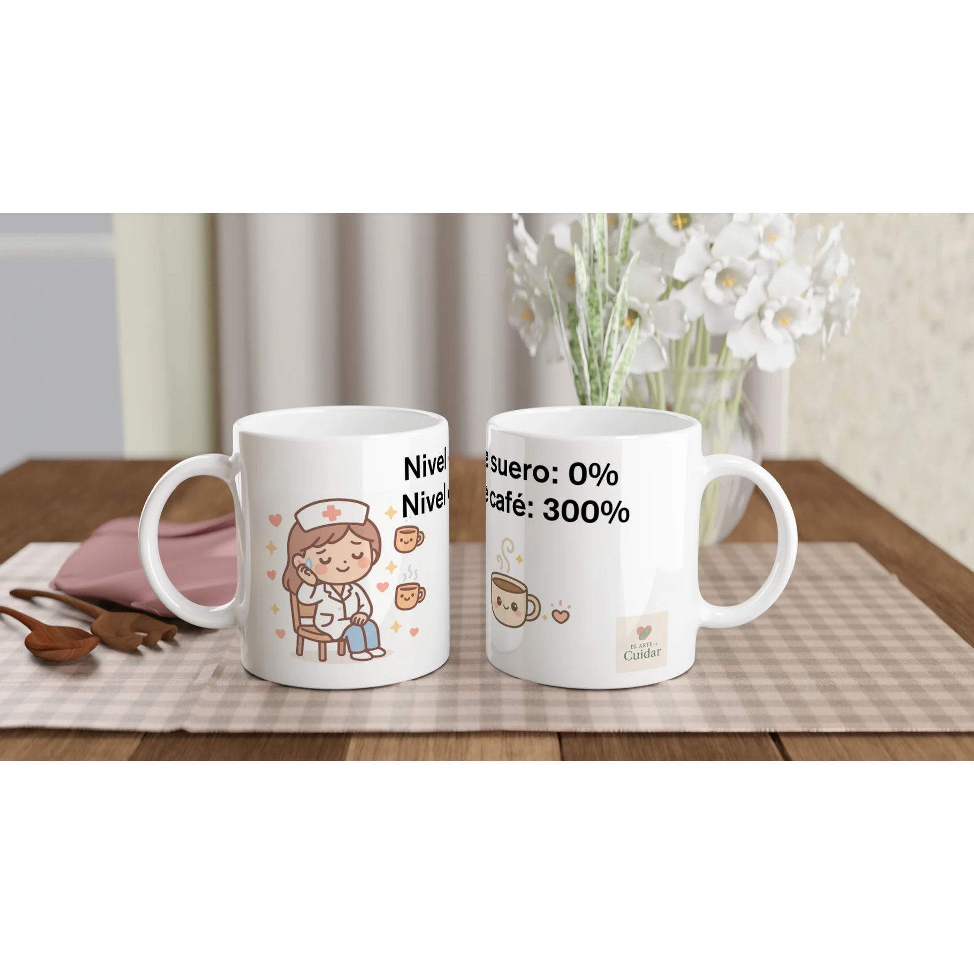 Taza divertida de sanitaria cansada con café y frase de humor, cerámica 11 oz.