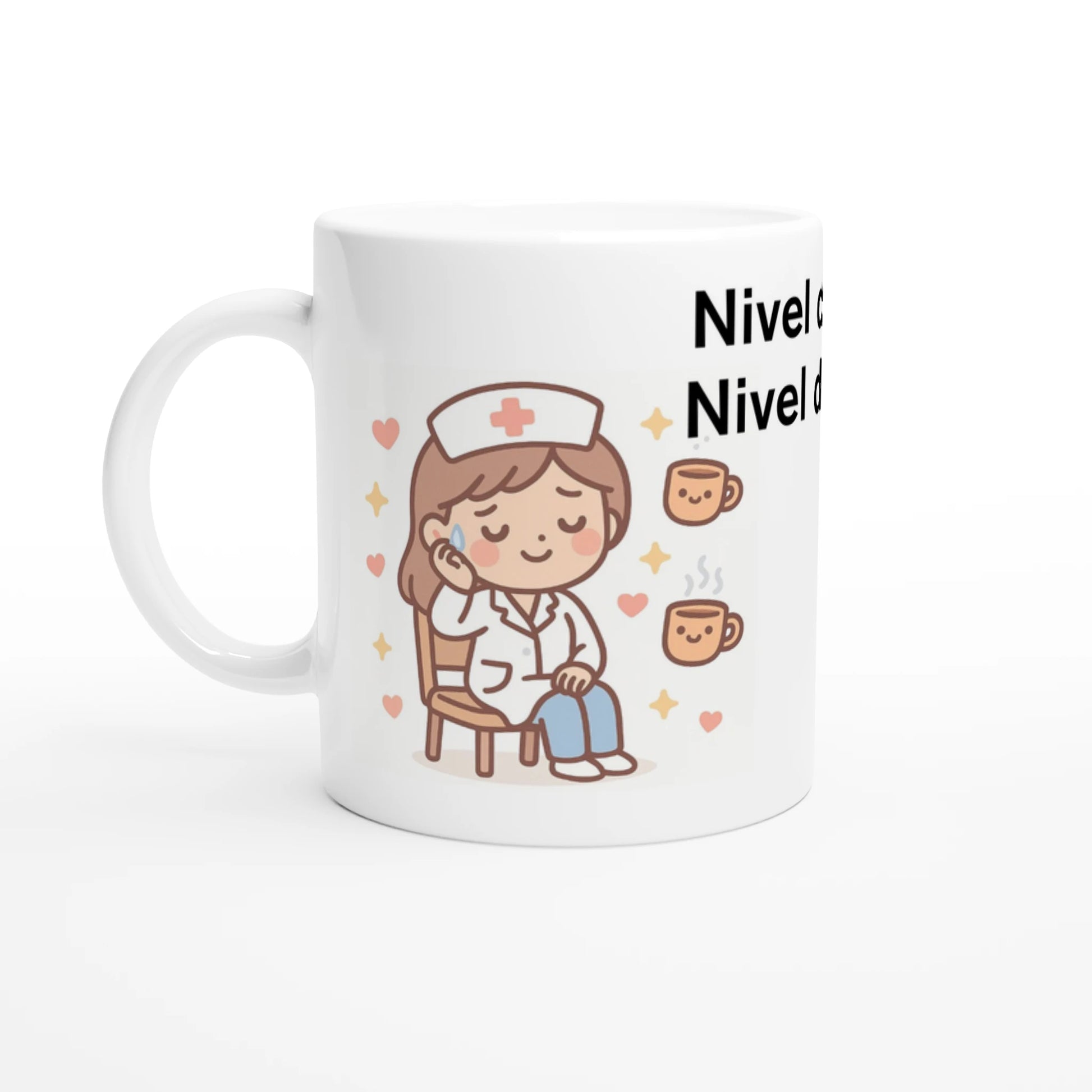 Taza divertida de sanitaria cansada con café y frase de humor, cerámica 11 oz.