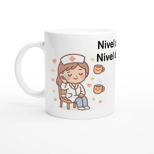 Taza divertida de sanitaria cansada con café y frase de humor, cerámica 11 oz.