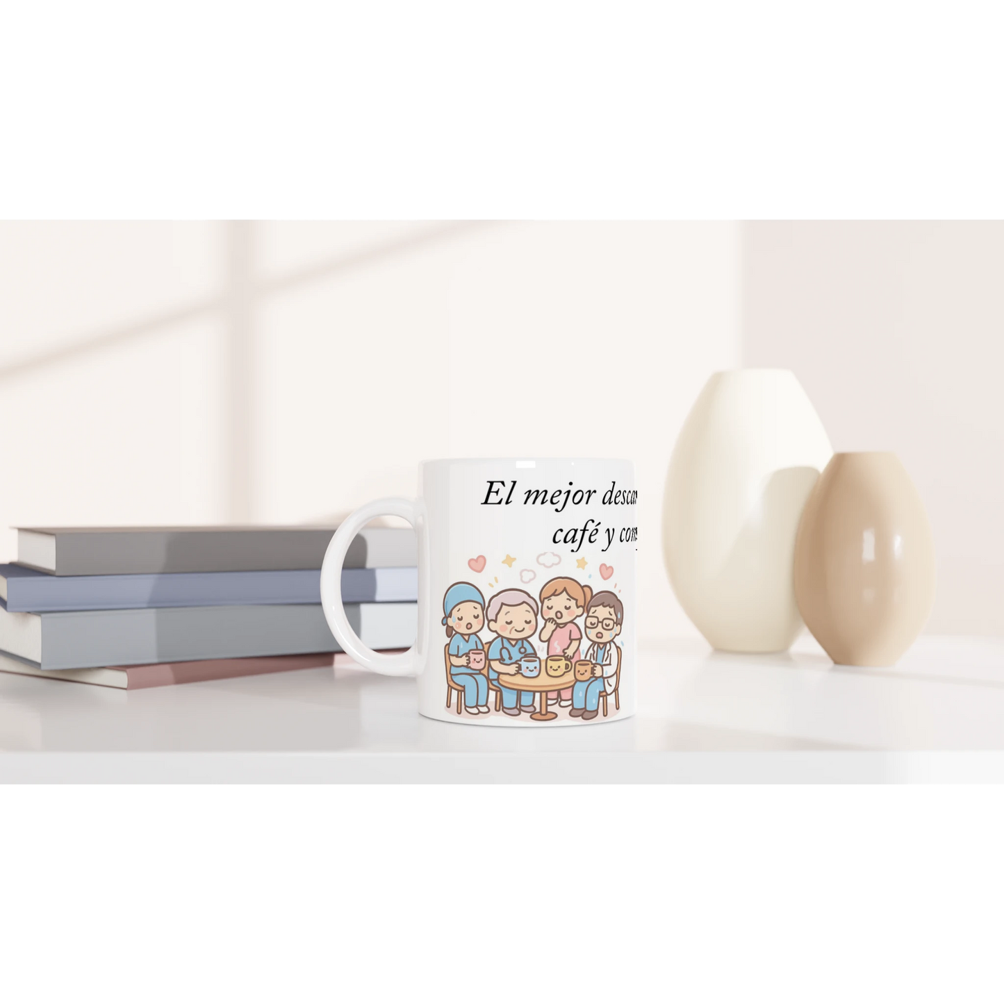 Taza de cerámica 11 oz con diseño de sanitarios agotados tomando café, regalo gracioso para turnos largos.
