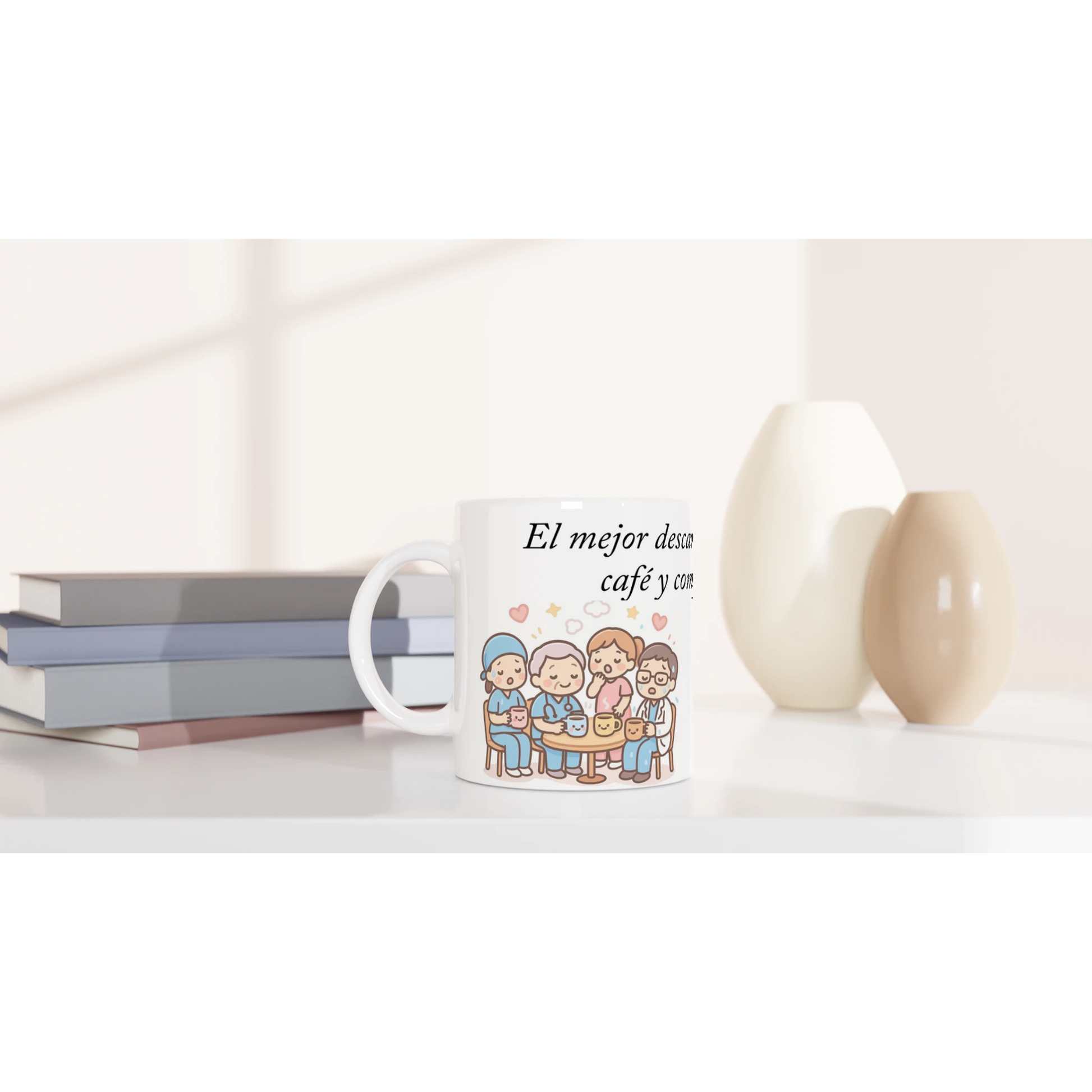 Taza de cerámica 11 oz con diseño de sanitarios agotados tomando café, regalo gracioso para turnos largos.