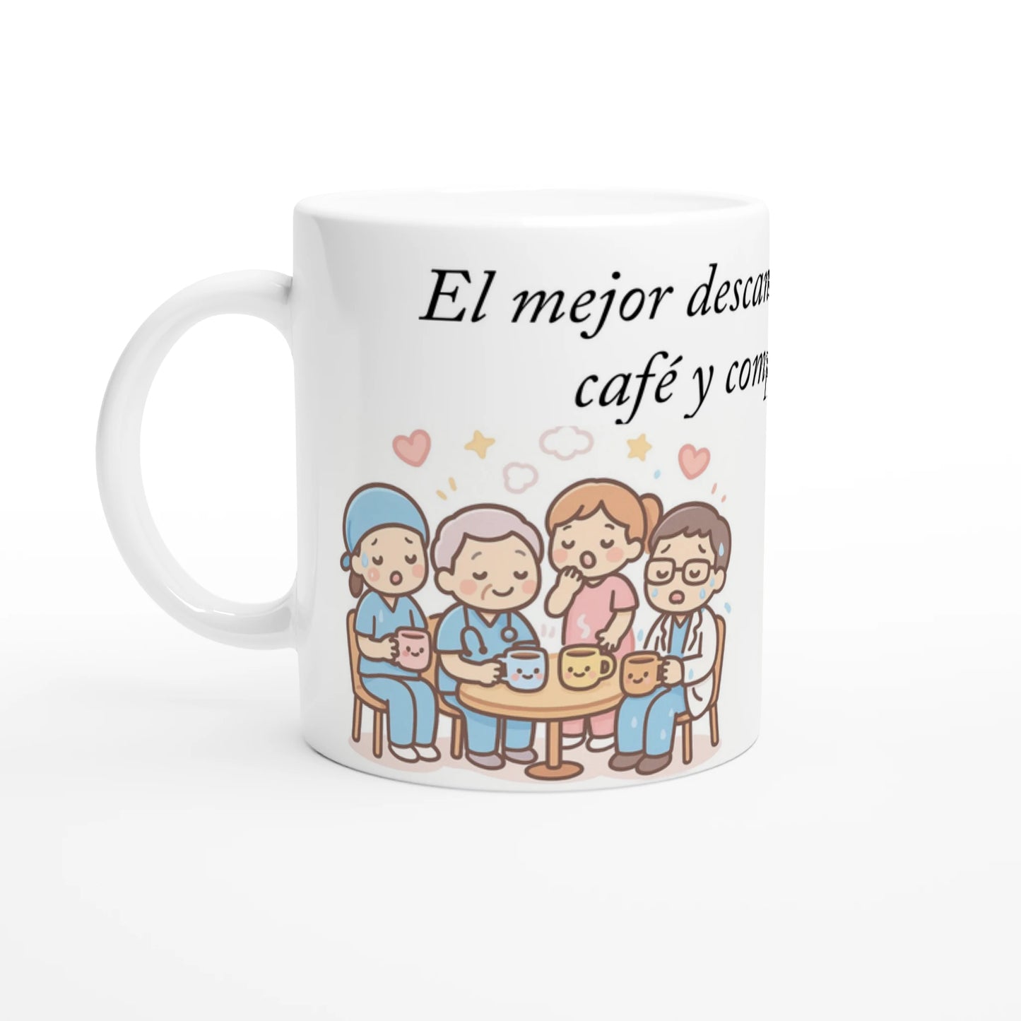 Taza de cerámica 11 oz con diseño de sanitarios agotados tomando café, regalo gracioso para turnos largos.