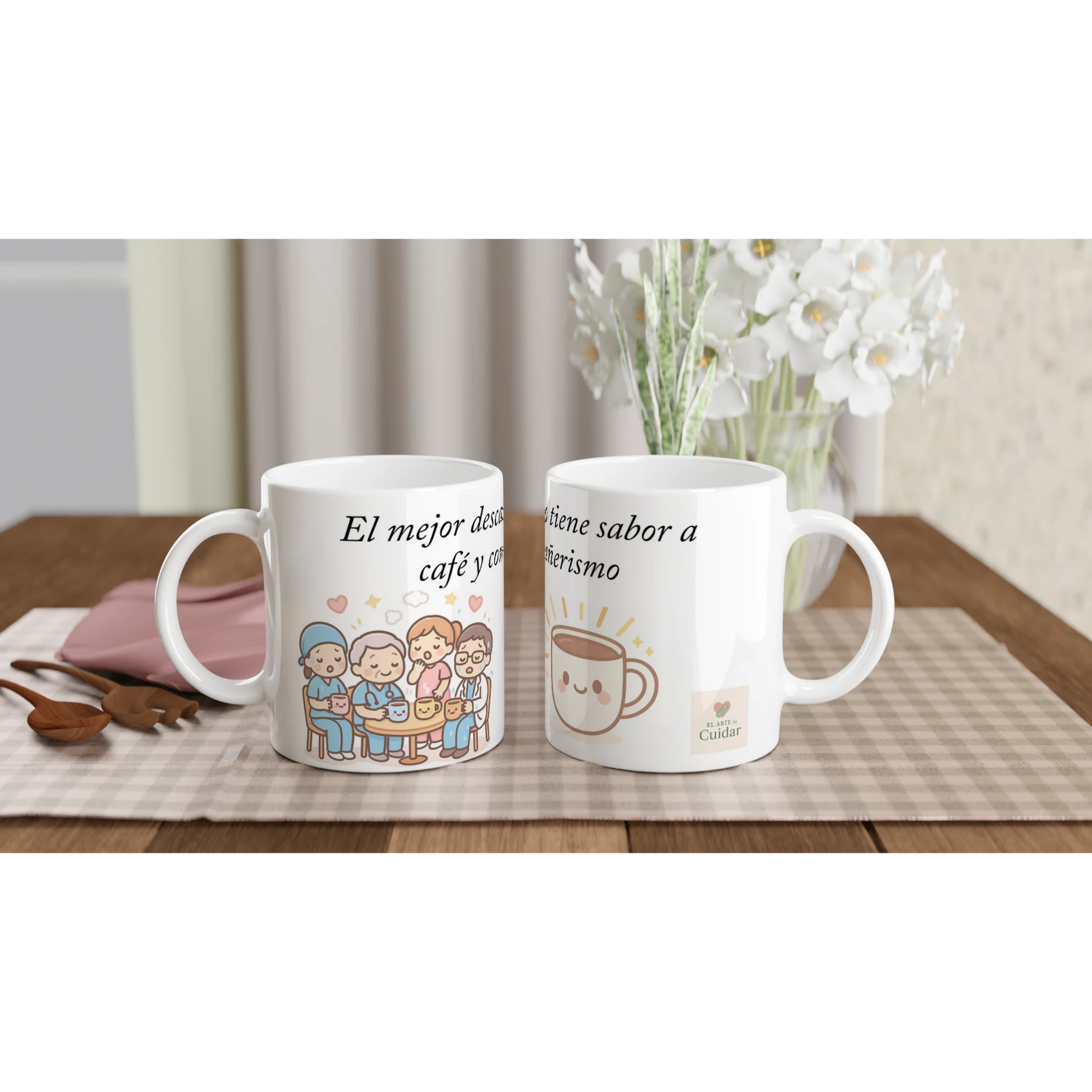 Taza de cerámica 11 oz con diseño de sanitarios agotados tomando café, regalo gracioso para turnos largos.