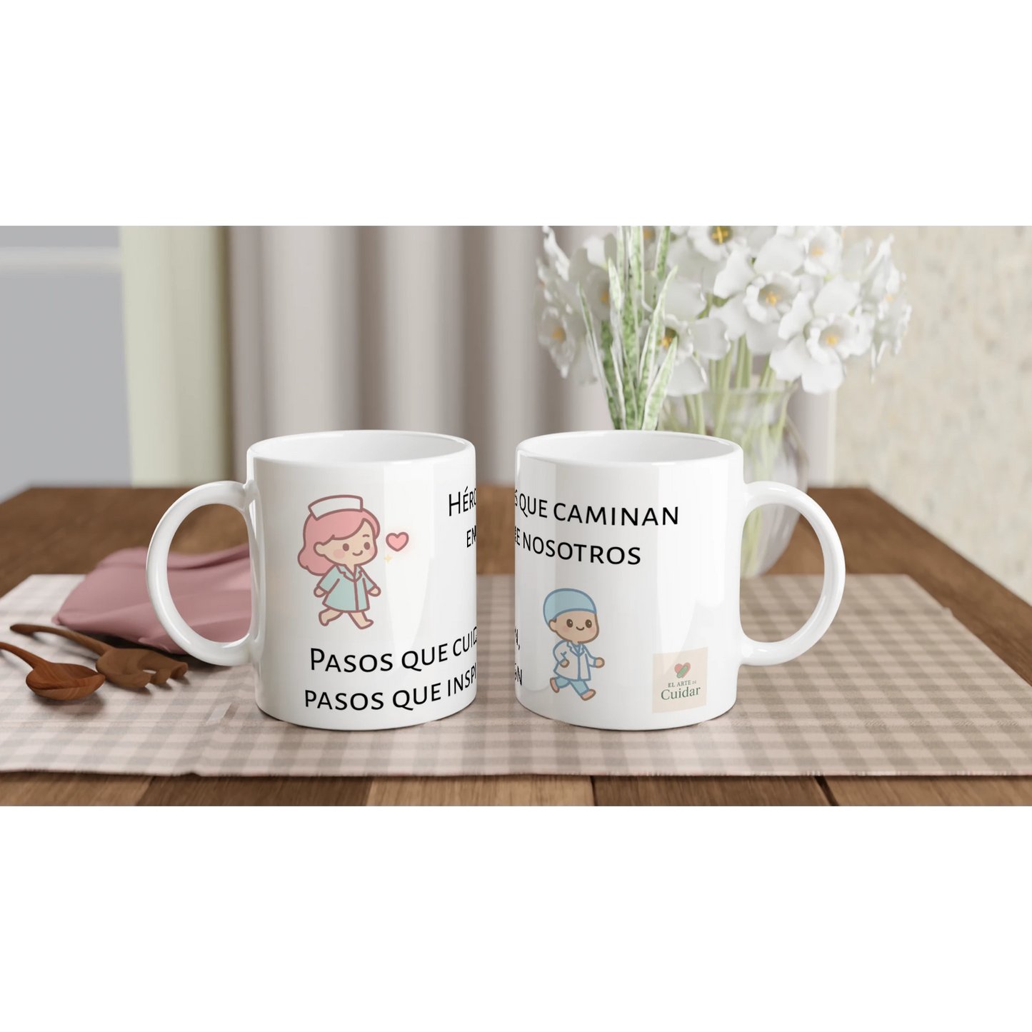 Taza motivadora con sanitarios caminando y frases inspiradoras, cerámica 11 oz